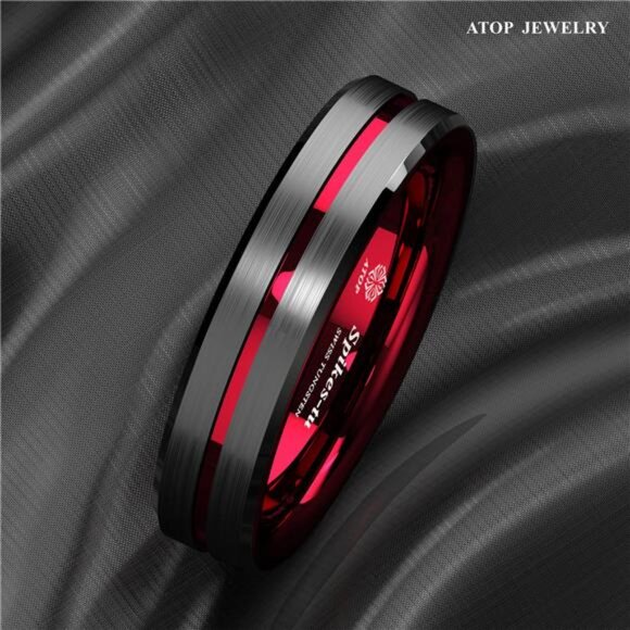 6mm Black Red Line Men's Wedding Band Ring - Perfect for Men and Women - Picture 2 of 6